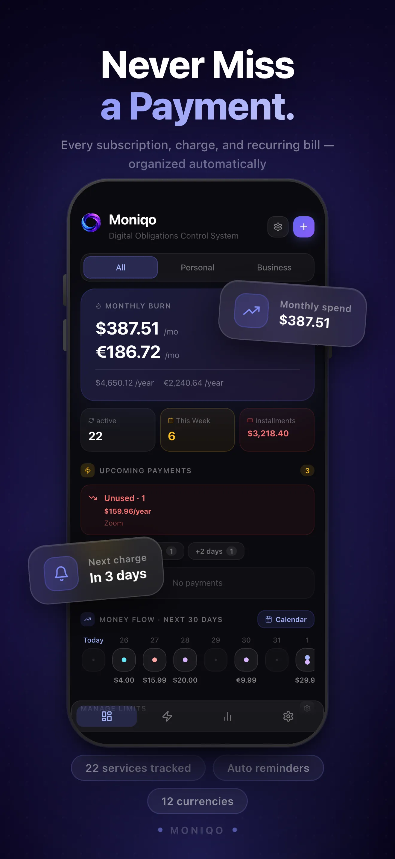 MONIQO App Store screen — Never Miss a Payment