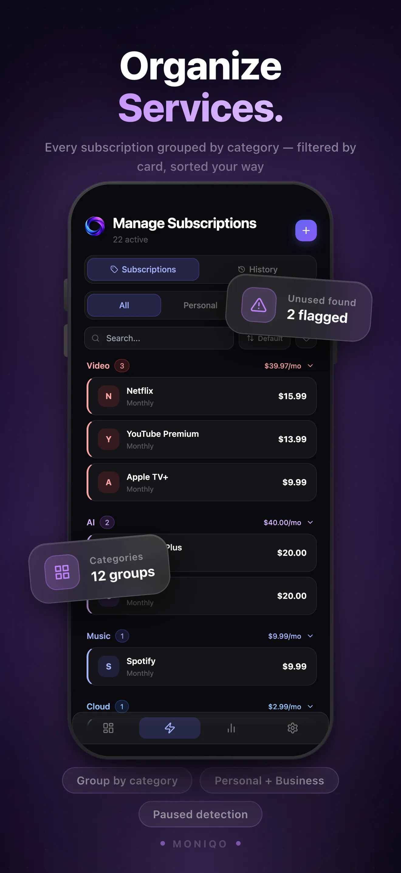 MONIQO App Store screen — Manage Subscriptions
