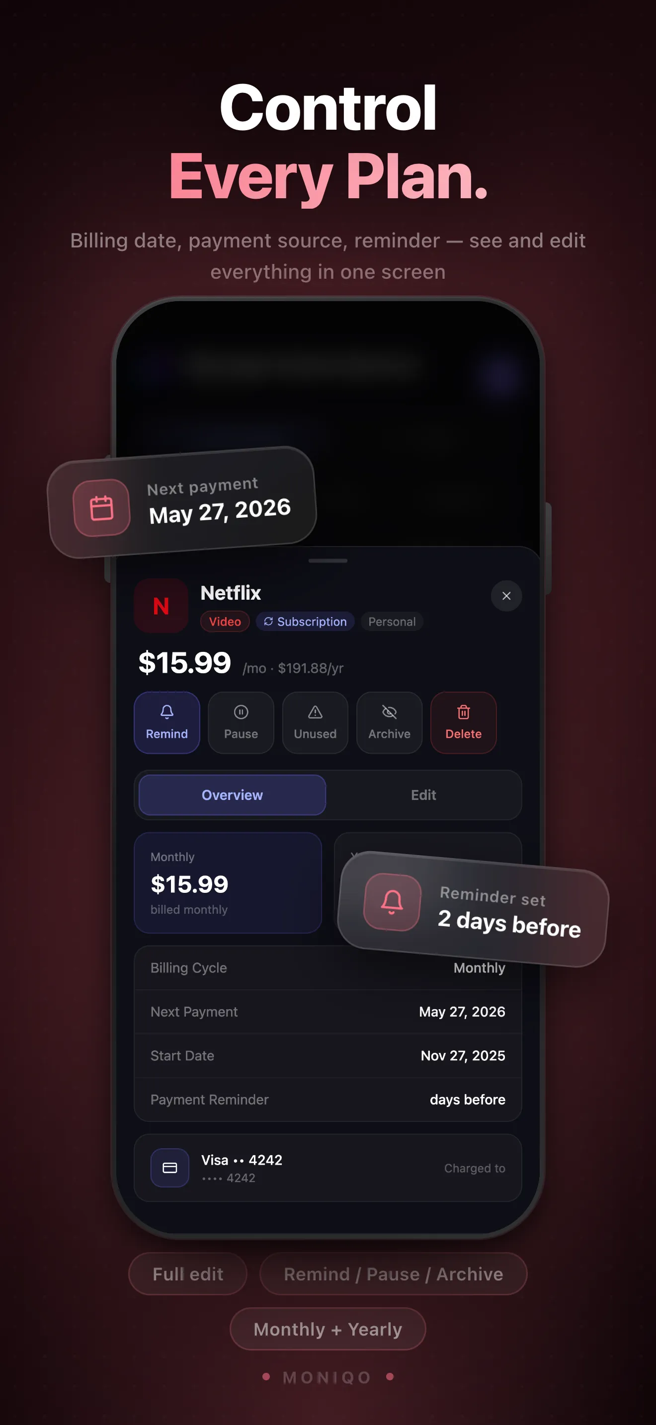 MONIQO App Store screen — Control Every Plan