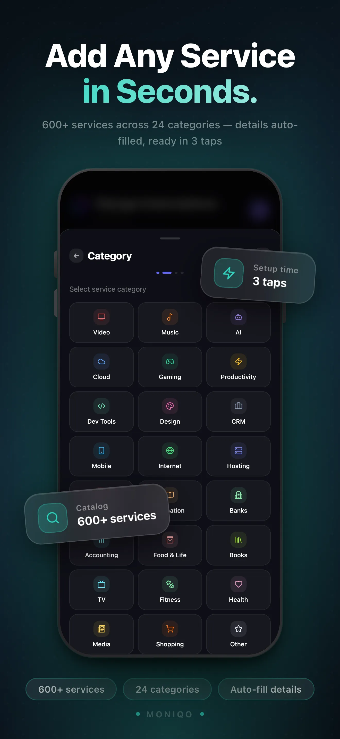 MONIQO App Store screen — Add Services Fast