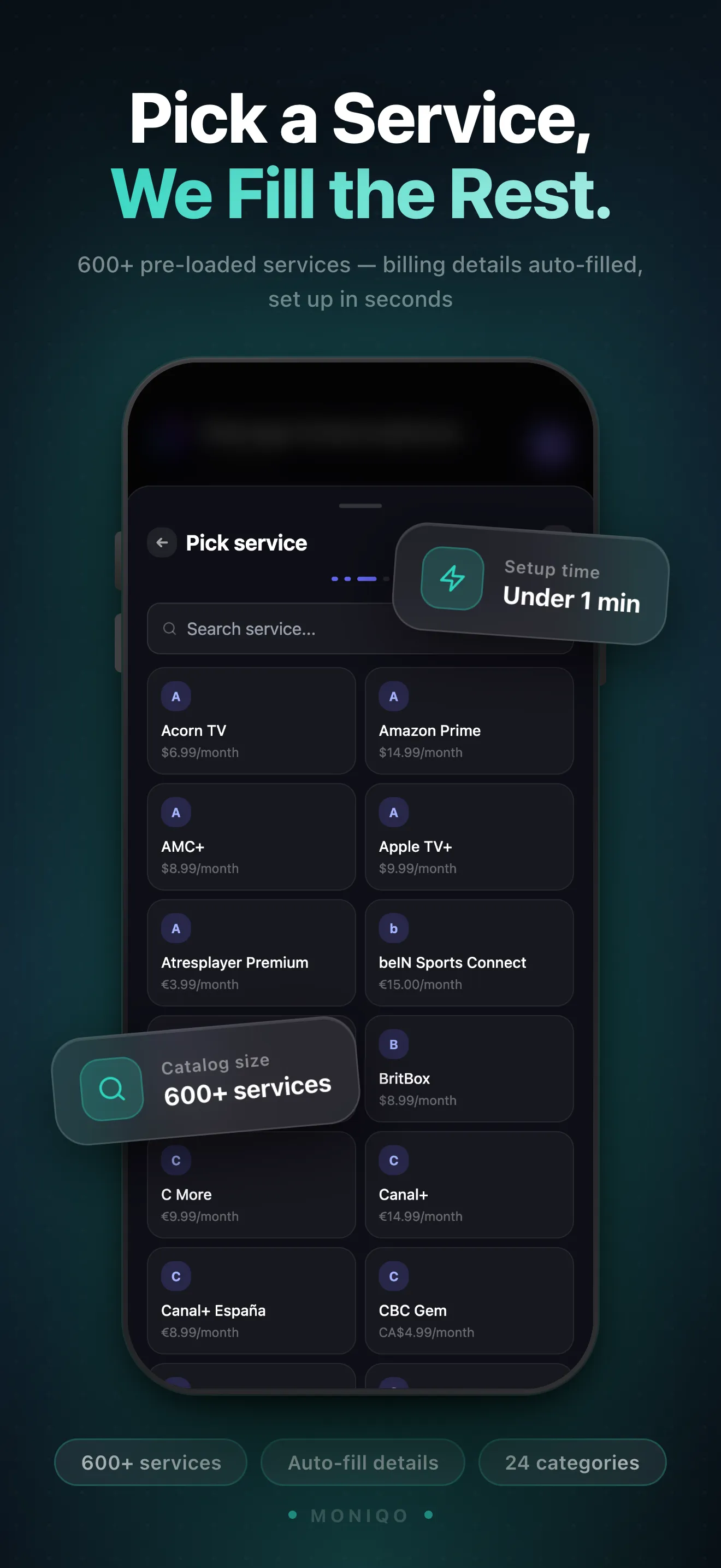 MONIQO App Store screen — Services Catalog