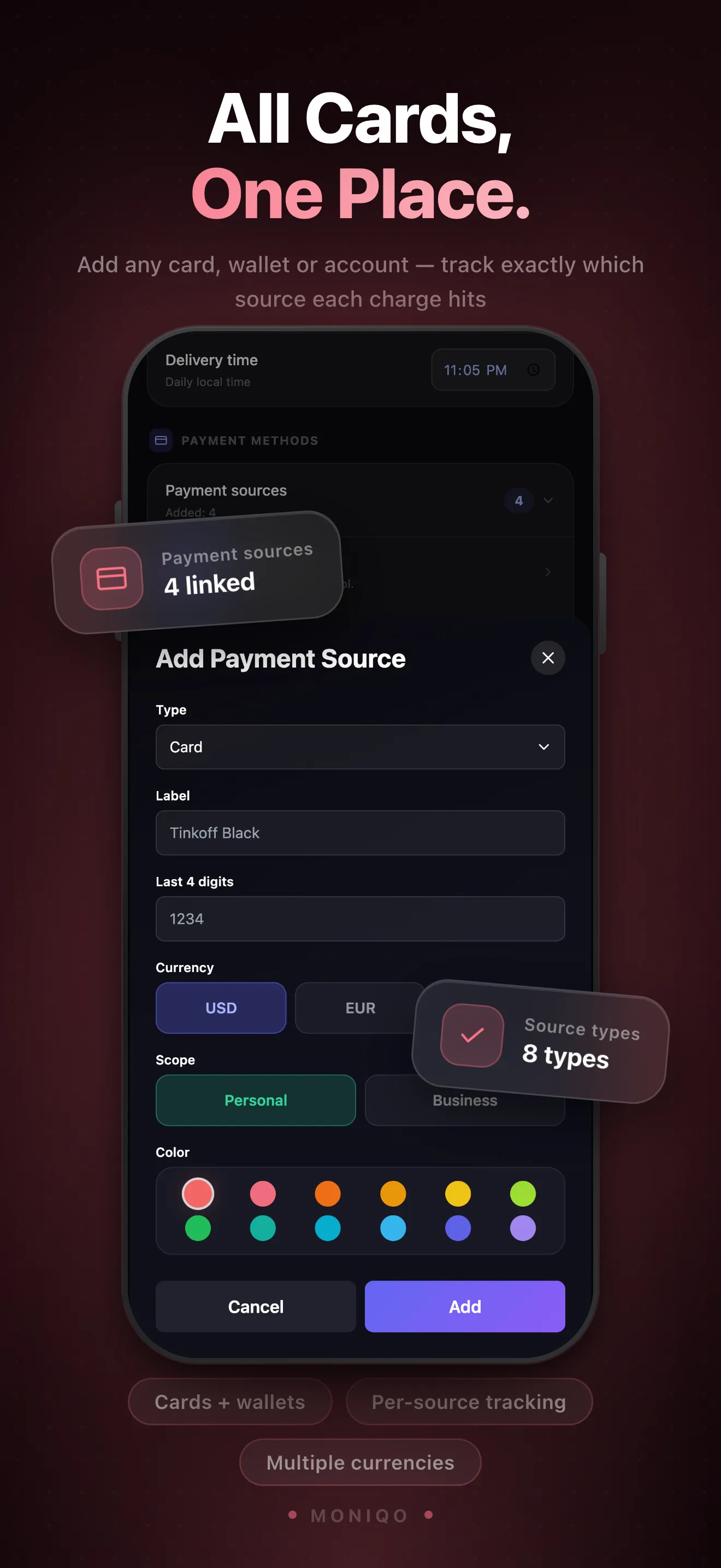 MONIQO App Store screen — Payment Sources