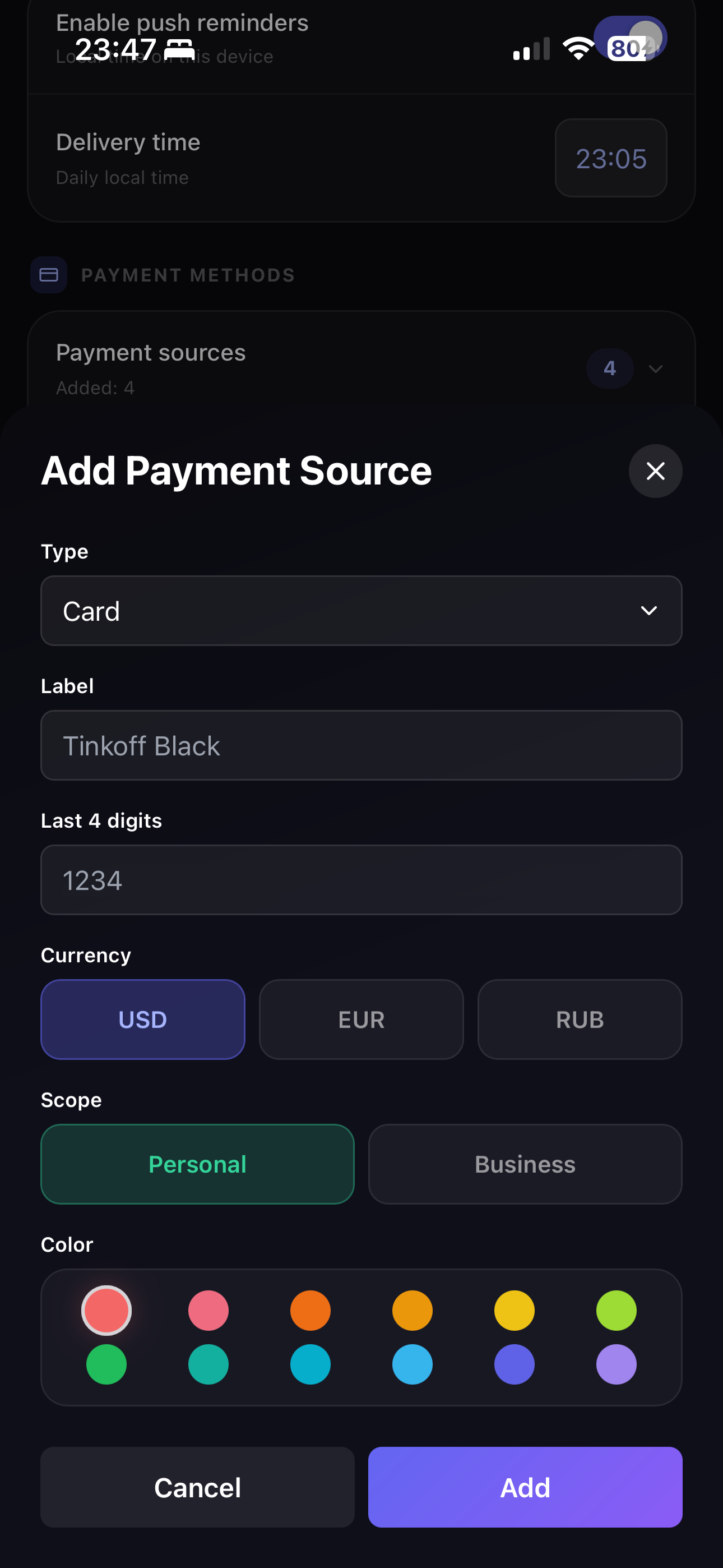 Add payment source screen