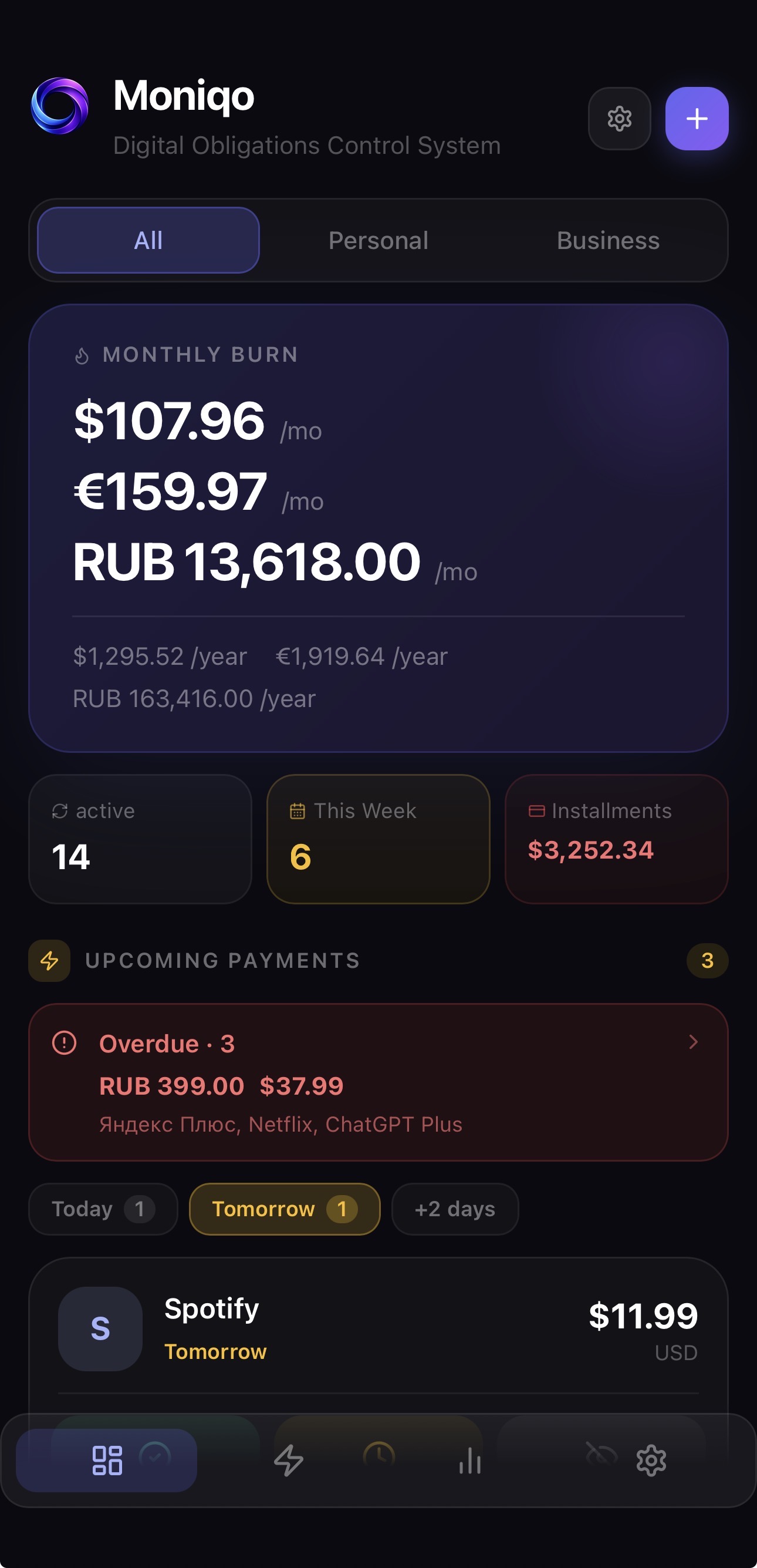 MONIQO Dashboard — Monthly Burn and Upcoming Payments