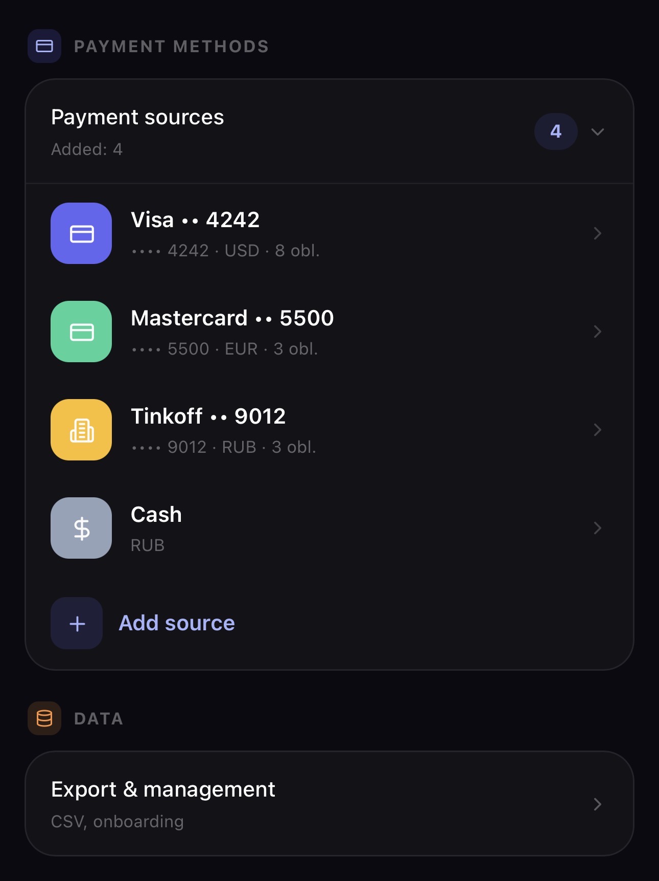 Payment sources list