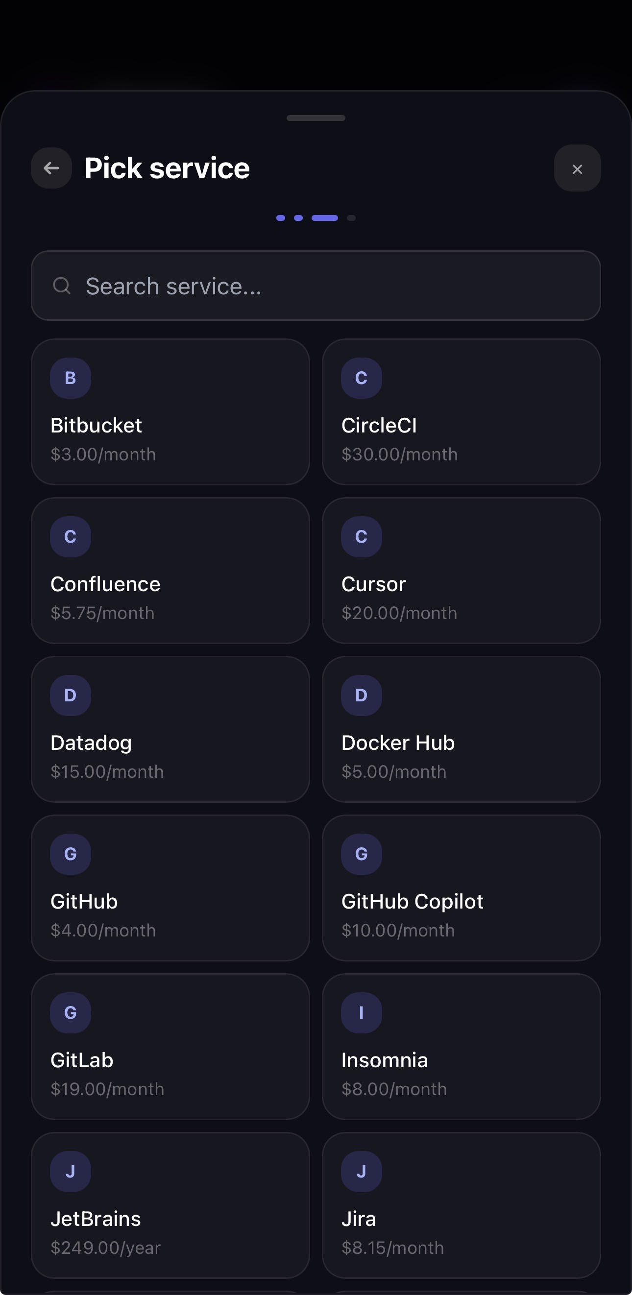 Service selection screen