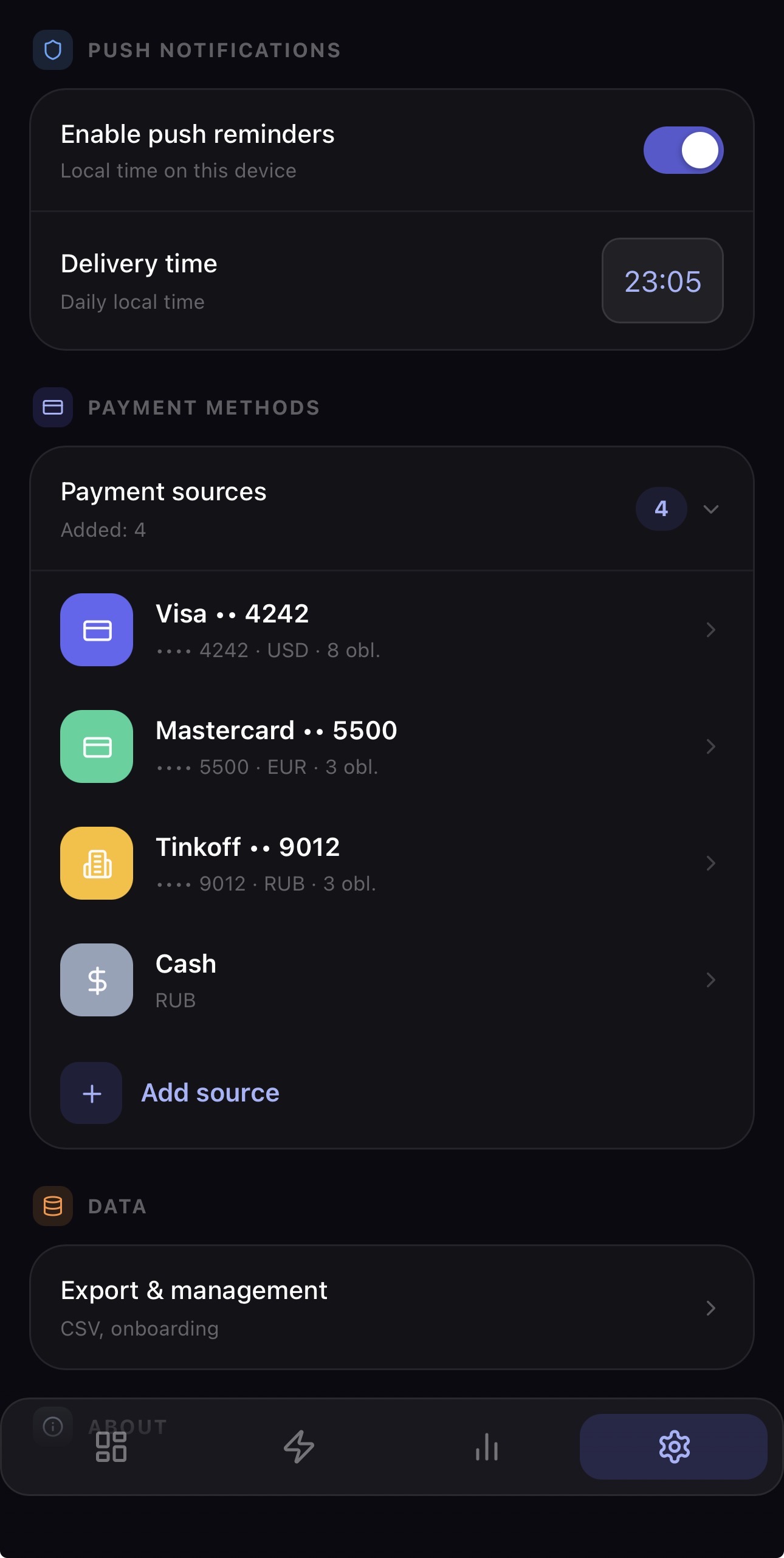 Settings payment methods