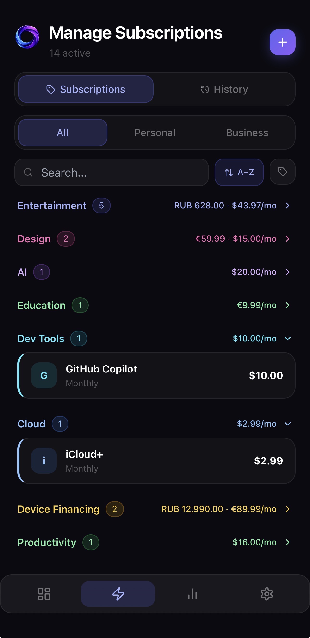 Subscriptions list