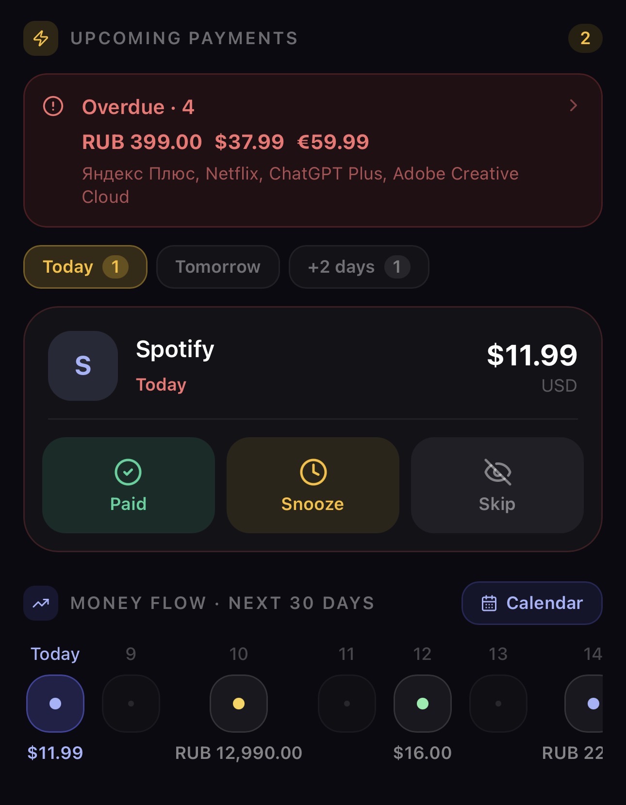 Upcoming payments widget